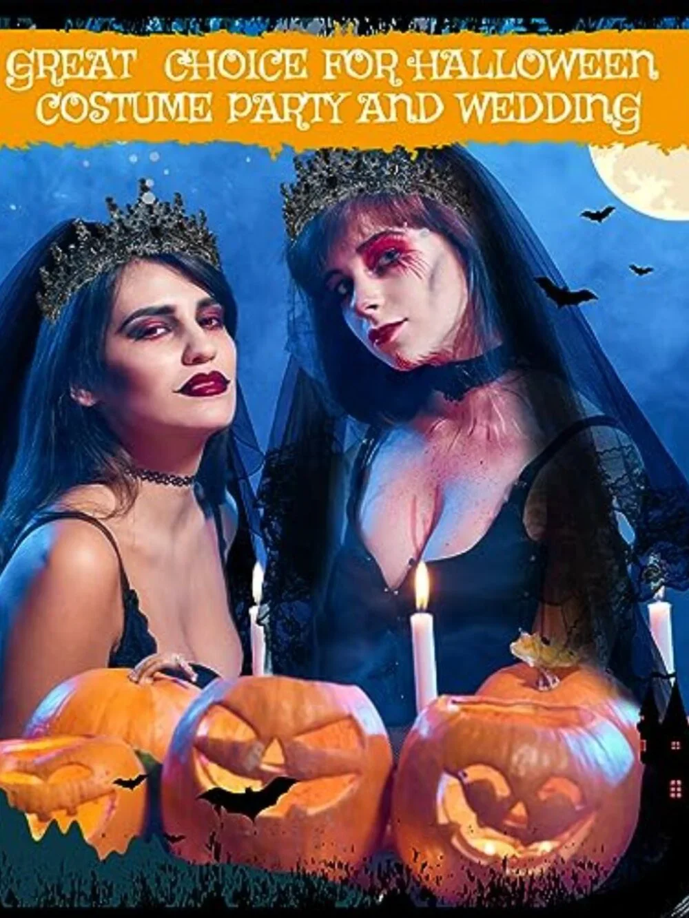 Gothic Bride Halloween Costume Set Black Veil and Tiara Crown Women Accessory